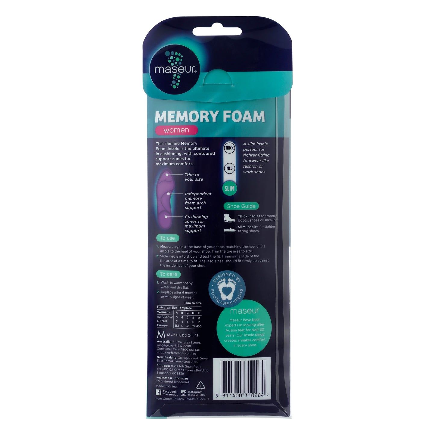 Women's Memory Foam Insoles, 1 pair