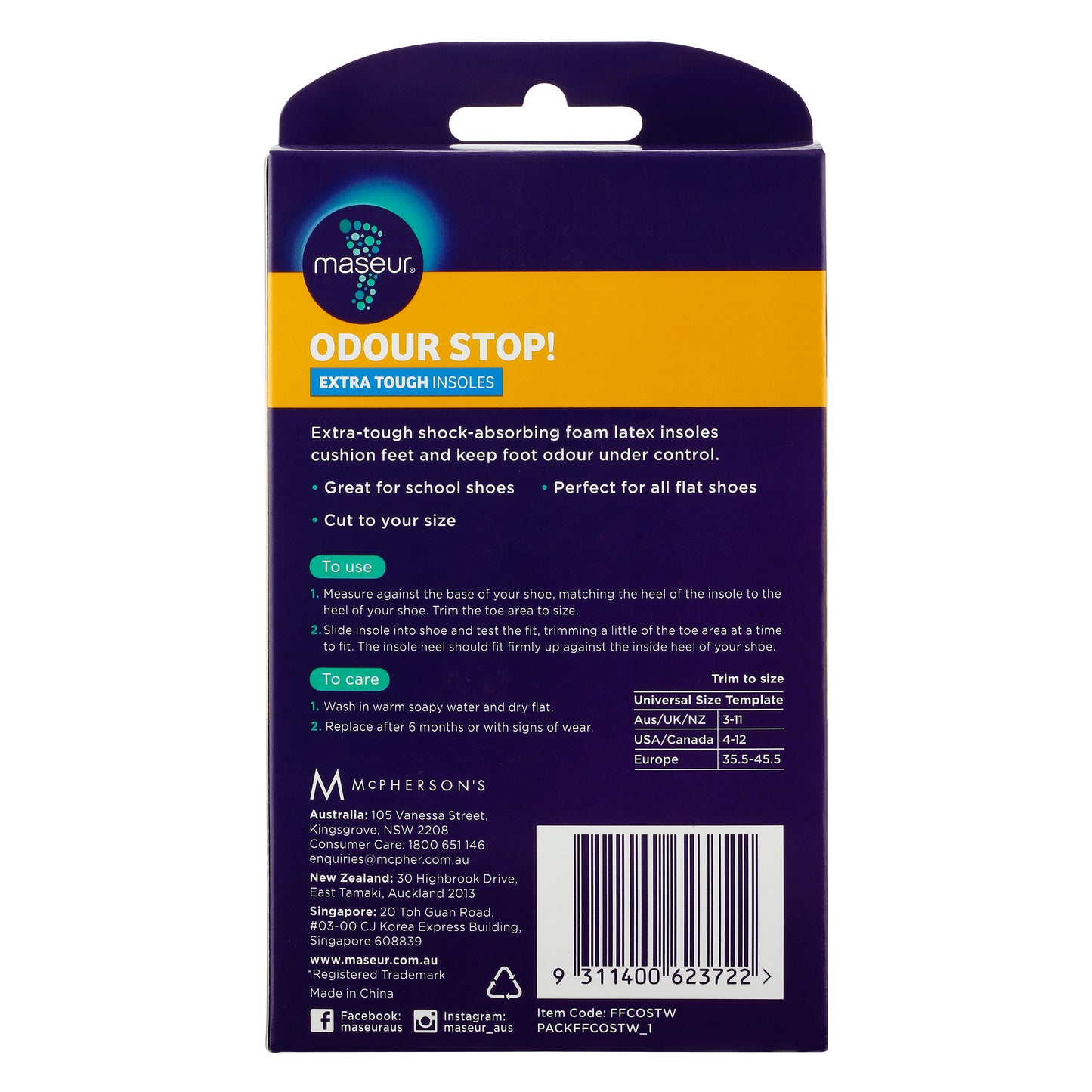 Odour Stop Extra Tough Insoles, 1 pair